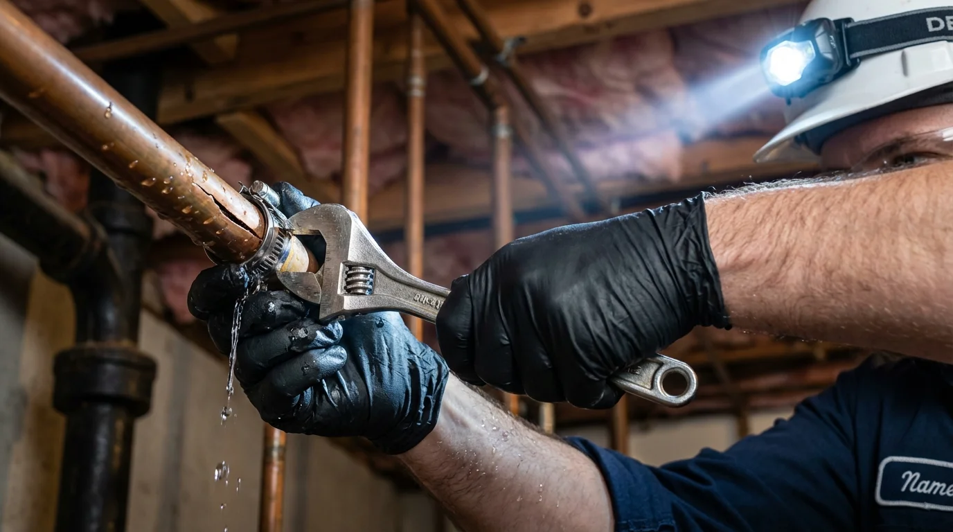 Emergency pipe clamp repair being performed by a Johns Plumbing LLC plumber in Alexander City