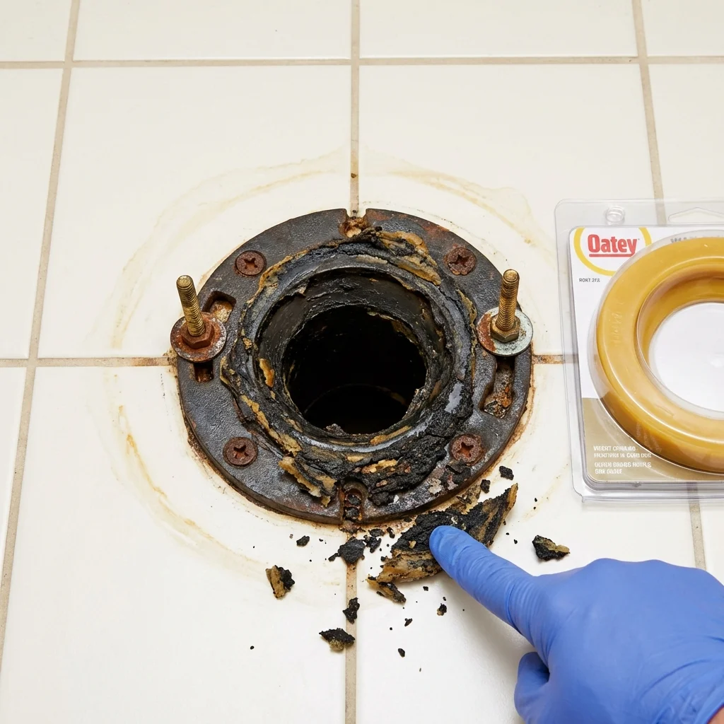 Failed wax ring showing water seepage at the base of a toilet in a Alexander City, AL home