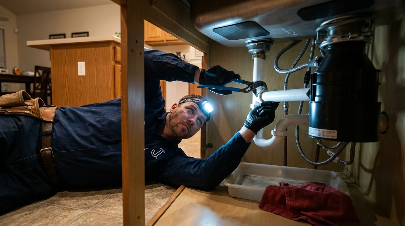P-trap and supply line connections under a kitchen sink showing a common leak point in Alexander City, AL